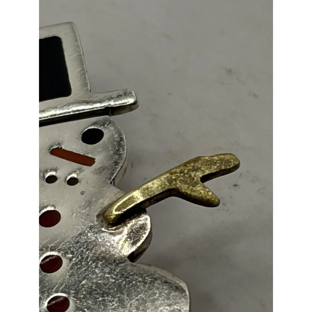Snowman Brooch Enamel  & Brass Details Pin Signed AHD Mexico Sterling Silver 925